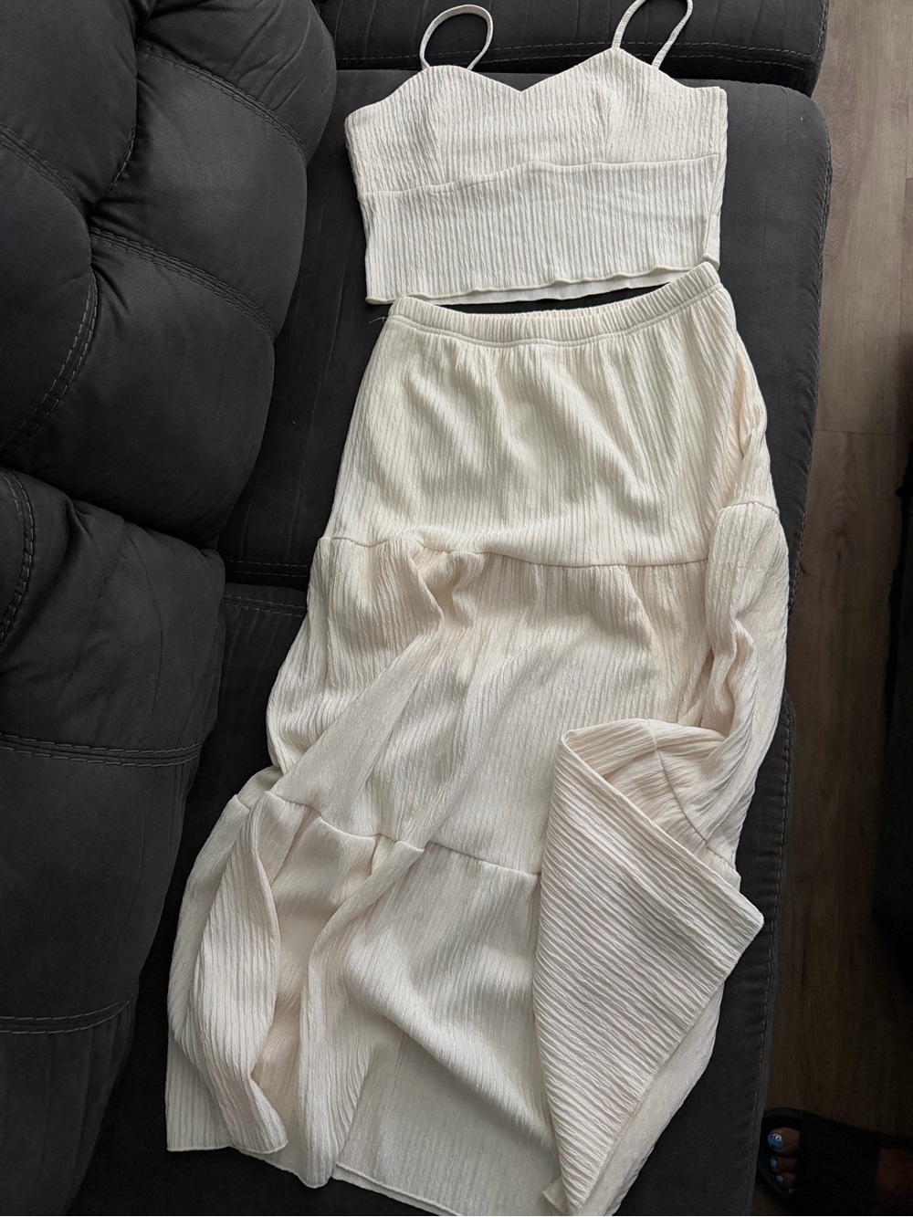 Cream Ribbed Two-Piece Crop Top & Maxi Skirt Set